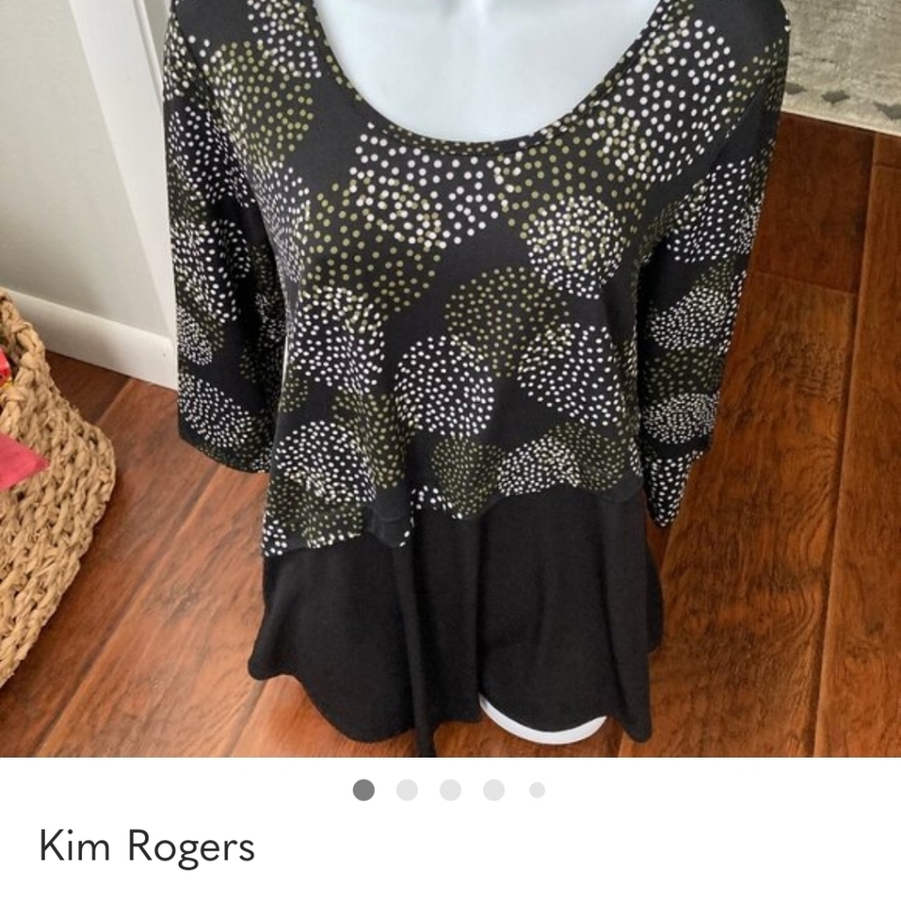 Kim Rogers Black Layered Dot-Print 3/4 Sleeve Top Size Medium